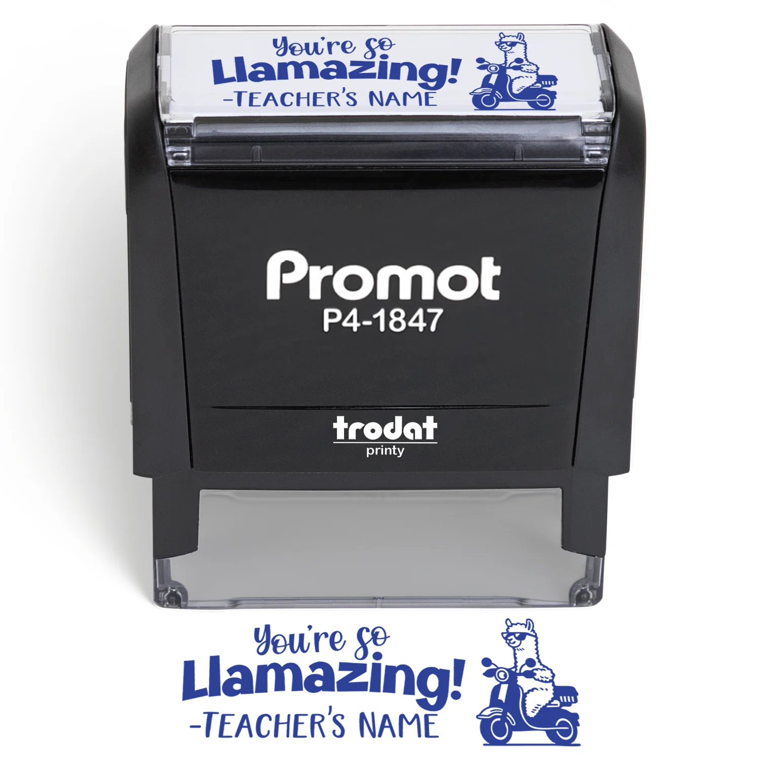 Teacher Custom Rubber Stamp "You're so Llamazing" - Medium self-inking stamp with llama design and custom teacher name.